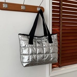 Large Capacity Quilted Puffer Tote Bag For Women Metallic Gloss Cotton Padded Shoulder Bag Casual Commuter Handbag