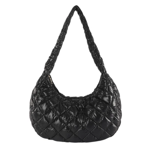Black glossy quilted puffer tote bag with large capacity and retro rhombic stitching