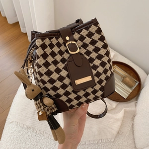 Vintage Plaid Bucket Bag For Women Retro Houndstooth Shoulder Crossbody Bag PU Leather Fabric Drawstring Bag Small Fashion Handbag