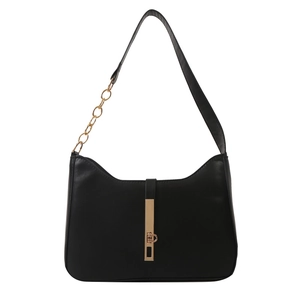 Elegant black PU leather underarm bag with minimalist curved design and gold chain strap