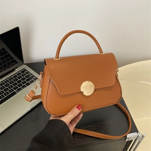 Minimalist brown crossbody bag with gold round metal buckle for casual fashion
