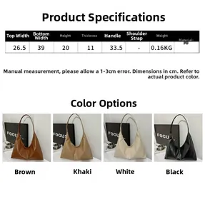 Size chart and dimensions for the soft PU leather hobo shoulder bag with four color options