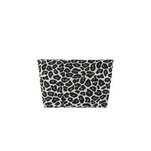 Fashionable leopard print clutch bag in black and white fabric with trapezoid shape