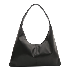 Minimalist black soft leather hobo bag with a crescent shape and central vertical stitching