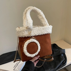 Patchwork Kunstlammwolle Wildleder Beuteltasche Damen Mode Winter Handtasche Mit Mini Beutel Metallkette Umhängetasche