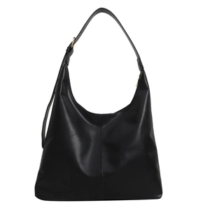 Large capacity black PU leather hobo tote bag with adjustable shoulder strap and gold hardware