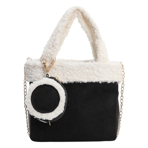 Modische Plüsch-Patchwork-Eimertasche mit schwarzem Wildleder-Body und weißem Fleece-Besatz
