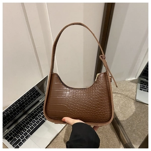 Detailed texture of brown crocodile-patterned hobo bag with top metal zipper