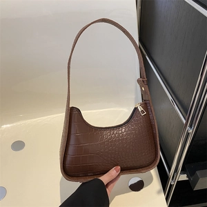 Retro dark brown crocodile embossed baguette bag with sleek shoulder strap for women