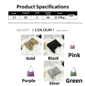 Guía de tallas del bolso de strass con dimensiones y seis opciones de colores