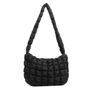 Minimalist black quilted shoulder bag with puffy cloud texture and large capacity