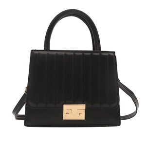 Retro black PU leather crossbody bag with vertical quilting and golden metal buckle