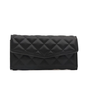 Classic black quilted diamond pattern evening clutch bag with flap closure on white background