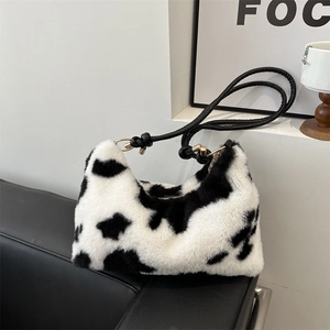Women Fashion Plush Cow Print Underarm Bag Faux Fur Shoulder Bag With Knot Strap Retro Casual Soft Furry Zipper Handbag