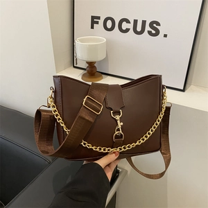 Vintage brown PU shoulder bag with decorative gold chain and wide adjustable strap