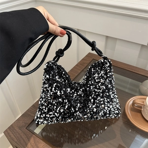 Women Sequin Shoulder Bag Shiny Underarm Bag With Knot Strap Sparkling Fashion Hobo Purse For Party Daily Match Lady Handbag