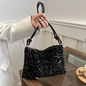 Chic black sequin baguette shoulder bag with slim straps for elegant urban fashion