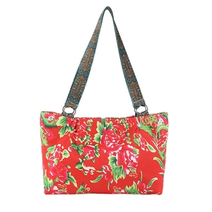 Sac fourre-tout ethnique avec imprimé pivoine rouge et bandoulière tissée
