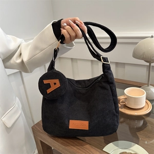 Korean Style Corduroy Tote Bag Large Capacity Shoulder Bag With Small Coin Purse Fashion Leather Patch For Women Daily