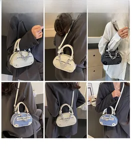 Detail shots of trendy oval handbags with chunky metal chains and silver rivets in three colors