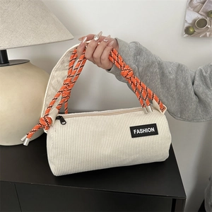 Women Corduroy Cylinder Shoulder Bag Fashion Braided Rope Strap Crossbody Bag Casual Urban Simple Solid Color Barrel Bag