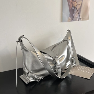 Women PU Leather Underarm Shoulder Bag Fashion Biker Baguette Bag Solid Color Large Capacity Metal Buckle Adjustable Strap Retro Bag