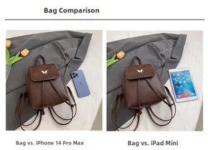 Brown vintage backpack size comparison with iPhone 14 Pro Max and iPad mini