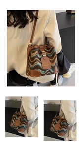 Detailed vertical collage of a wave-pattern fabric bucket bag with leather strap