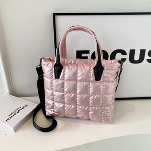 Women Quilted Puffer Tote Bag Large Capacity Metallic Shiny Shoulder Bag Lightweight Padded Cotton Nylon Crossbody Handbag
