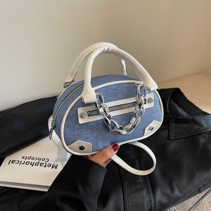 Women Fashion PU Denim Shoulder Crossbody Bag With Silver Metal Chain Decoration Retro Small Handbag For Daily Party Shopping