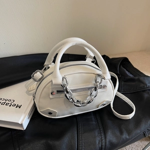 White mini bowling bag in textured PU leather with silver chain and rivet details