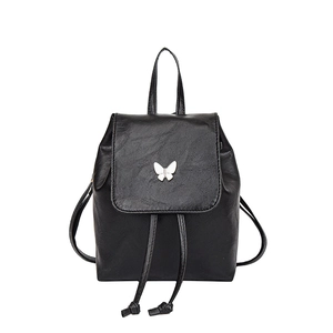 Vintage black leather backpack for women with silver butterfly charm and drawstring flap