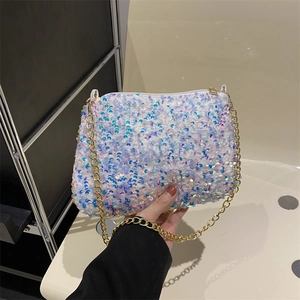 Chic white iridescent sequin crossbody bag with gold chain strap for elegant women