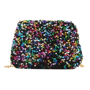 Fashionable rainbow sequin evening clutch bag with gold chain strap for party