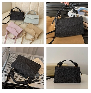 Close-up of four glitter mini square bags with unique knotted handles and flap design