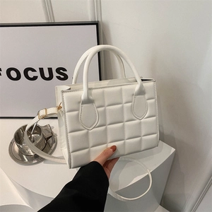 Minimalist white quilted square handbag for women with top handle and crossbody strap