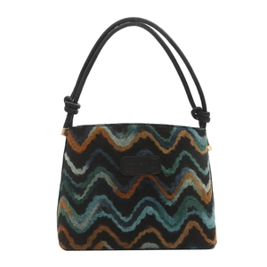 Fashionable knitted tote bag with colorful zigzag patterns and knotted leather handles