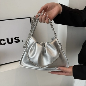Silver metallic pleated handbag with chain strap, stylish ruched design for women