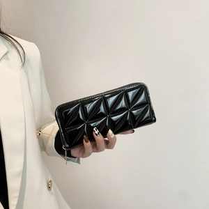 Portefeuille Long à Fermeture Éclair pour Femmes en Cuir Verni Matelassé Géométrique 3D Mini Pochette Sac à Main Quotidien