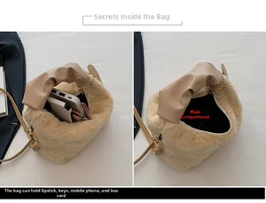 Vue détaillée de l'intérieur du sac cabas en peluche kaki avec poignée en cuir