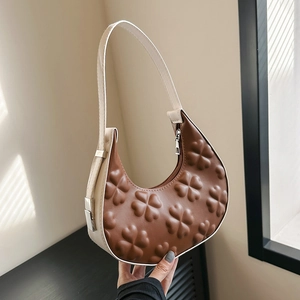 Women PU Leather Underarm Bag Clover Embossed Contrast Color Crescent Hobo Bag Versatile Fashion Small Shoulder Bag