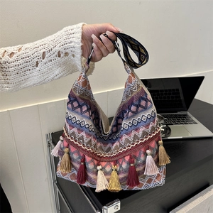 Sac À Épaule À Franges En Tricot Bohème Motif Géométrique Ethnique Grande Capacité Sac Bandoulière Pour Femmes Voyage