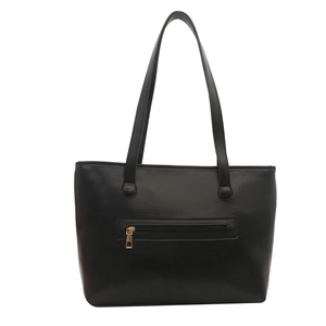 Borsa tote classica in pelle nera con cerniera dorata e spalline sottili su sfondo bianco