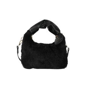 Sac à main chic en peluche noire avec poignée en cuir froncé et détails dorés