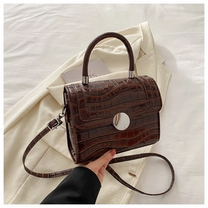 Detail of dark brown crocodile texture handbag with circular silver buckle and strap