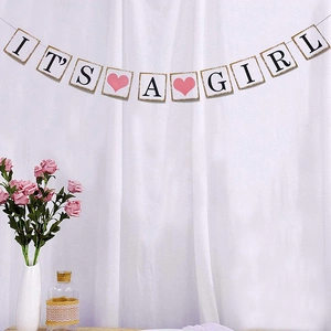Its A Girl Banner Baby Shower Party Decoration Garland Gold Trim Paper Cards Pink Heart Gender Reveal Photo Prop