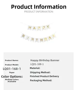 Detail of fishtail Happy Birthday paper banner with gold lettering and white string