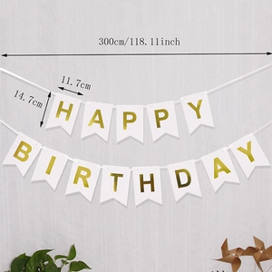White and gold Happy Birthday bunting banner for party decoration with swallowtail flags