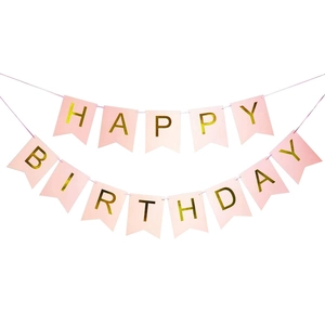 Pink and gold Happy Birthday swallowtail paper banner with foil lettering for party decor