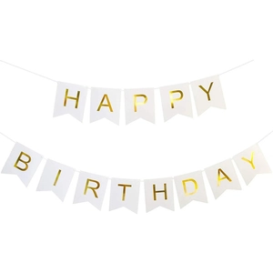 Elegant white swallowtail Happy Birthday banner with gold foil lettering for party decor